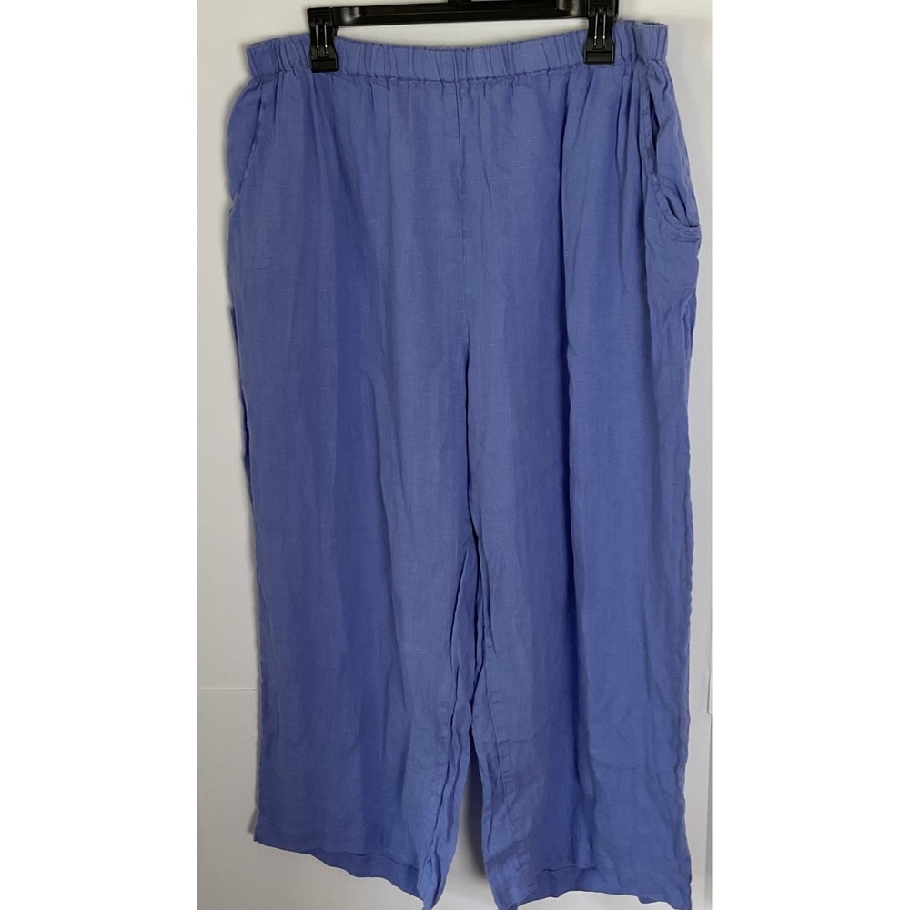 FLAX 100% Linen Wide Leg Pants Periwinkle Blue Elastic Waist Size 2G Generous